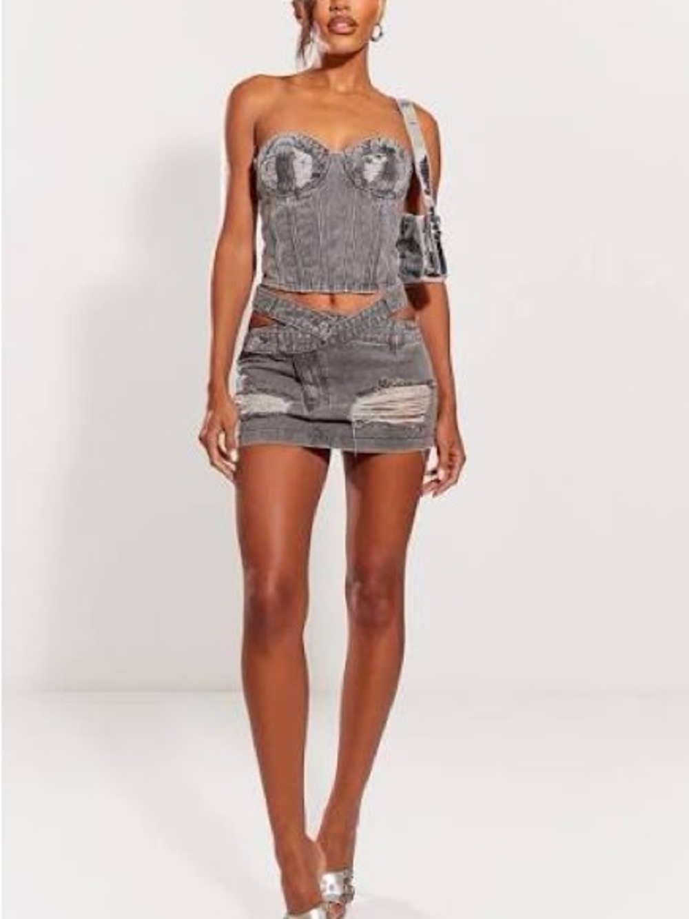 Pink Distressed Denim Bustier and Mini Skirt Set